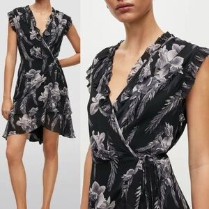 All Saints Ari Sleeveless Mia Wrap Mini Dress Black Grey Gray Floral Ruffle 4